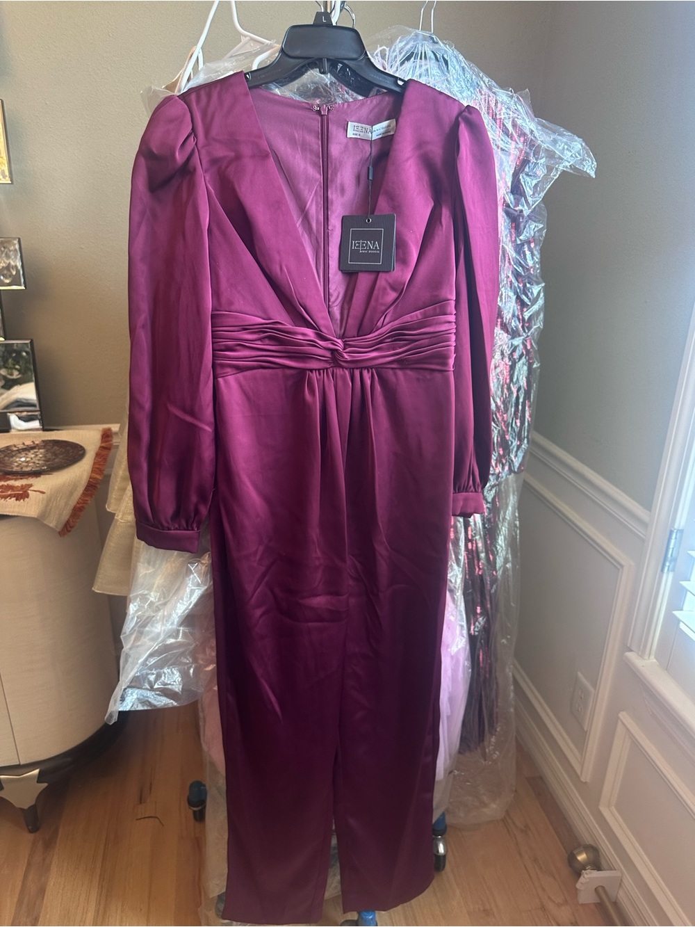 Mac Duggal Plum Long Sleeve Satin Jumpsuit